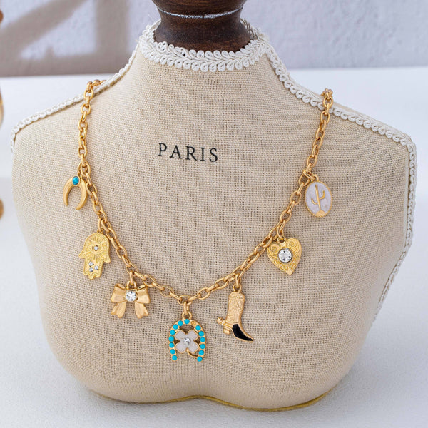 Western Turquoise Horseshoe Bow Boot Charm Necklace|80N93198: Gold