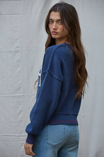 Knit Sweater Pullover Top With Embroidered "USA"
