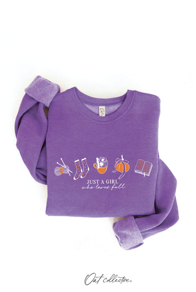 JUST A GIRL WHO LOVES FALL Graphic Sweatshirt: HEATHER DUST / S