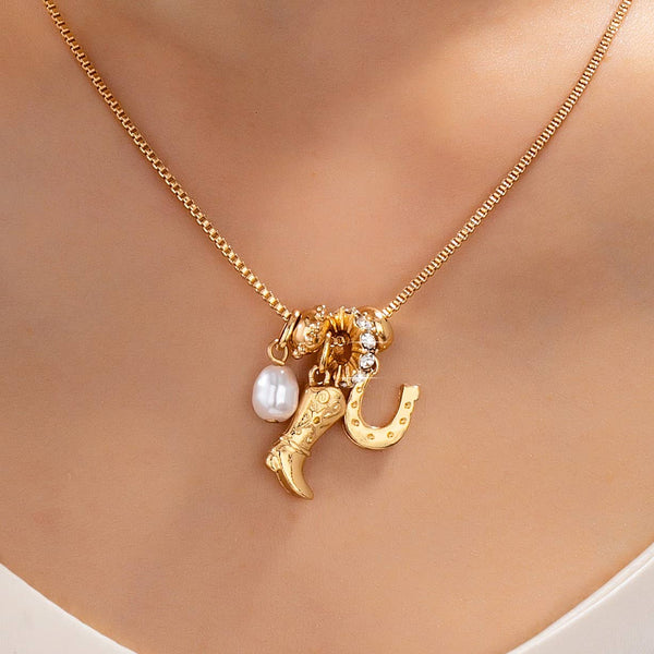 Western Boot Horseshoe Pearl Charm Necklace | 80N93161: Gold
