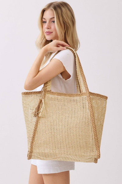 MB0338 Two Tone Woven Straw Beach Tote Bag: Tan