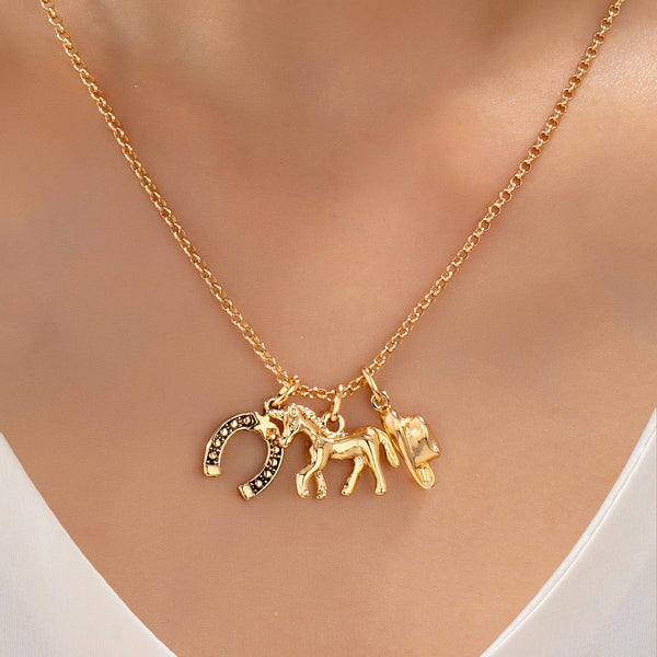 Galloping Horse and Horseshoe Charm Necklace | 80N93131: Gold
