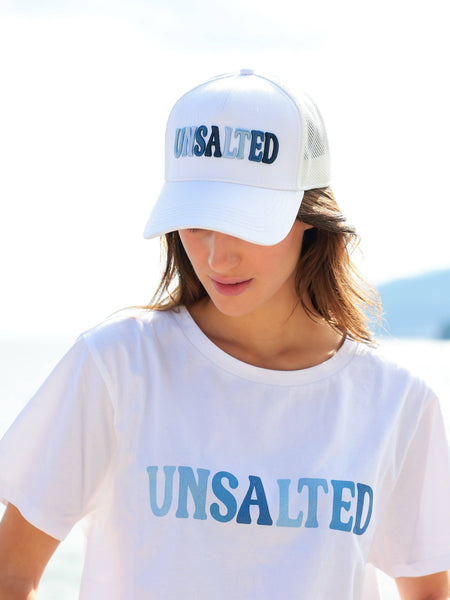 "UNSALTED" TRUCKER HAT, WHITE
