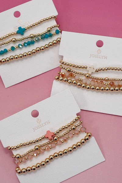 BOHO CROSS MULTI  COLORFUL BEADED STRETCH BRACELET | 40B5180: Pink