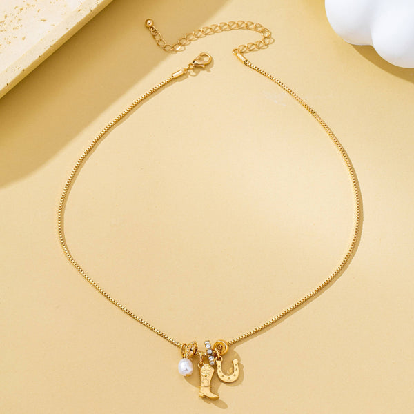Western Boot Horseshoe Pearl Charm Necklace | 80N93161: Gold