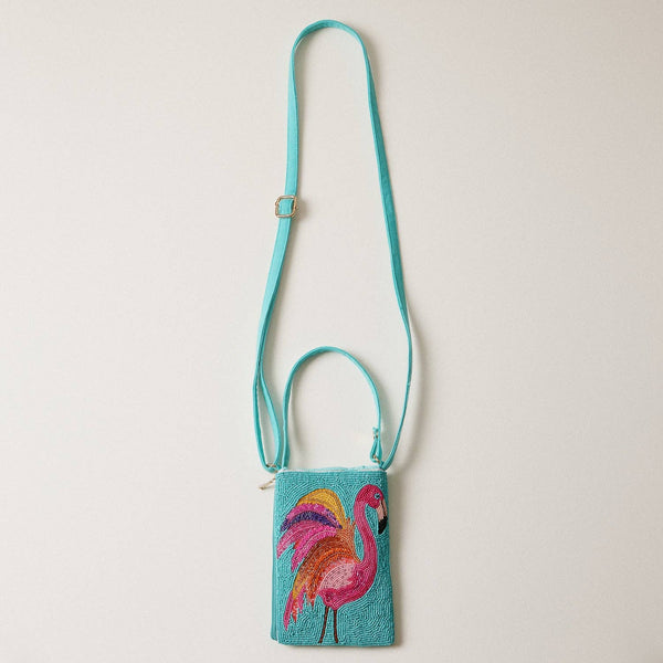 Seed Beaded Tropical Crossbody Phone Bag | Multifunctional Zipper Bag: Flamingo in Blue
