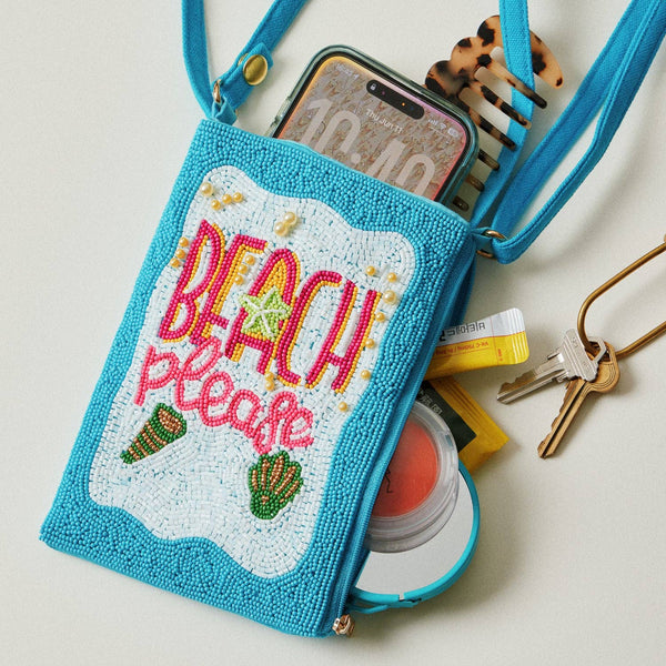 Seed Beaded Tropical Crossbody Phone Bag | Multifunctional Zipper Bag: Flamingo in Blue