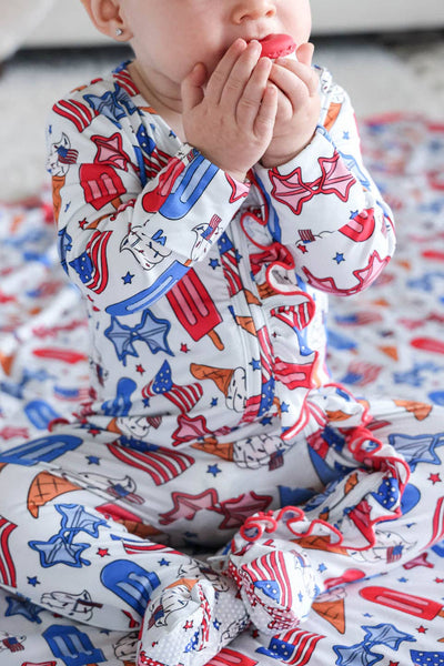 Ruffle Zipper Footie | Red, White & Cool: 6-9 months