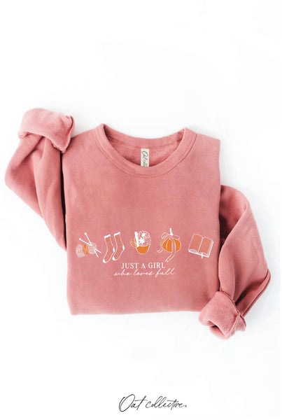 JUST A GIRL WHO LOVES FALL Graphic Sweatshirt: HEATHER DUST / M