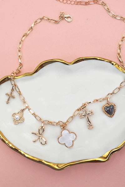 CHARM NECKLACE-CLOVER BOW CROSS HEART FLOWER | 80N91988: GOLD