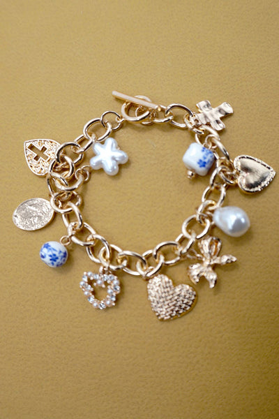 CERAMIC PORCELAIN HEART BOW PEARL CHARM BRACELET | 80B1342: Gold