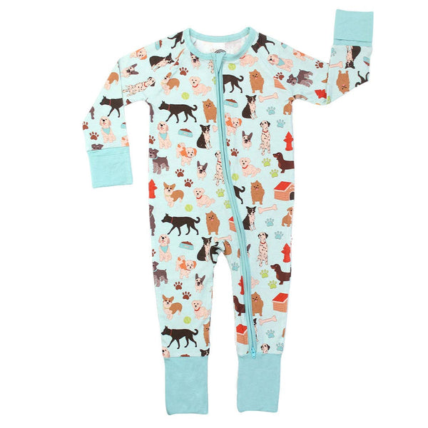 Dogs Bark Pets Bamboo Baby Pajamas Convertible Footie: Blue/Multi / 18-24M