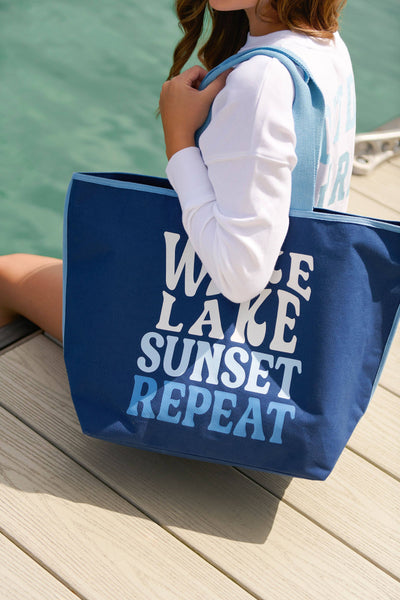 "WAKE, LAKE, SUNSET, REPEAT" TOTE,NAVY