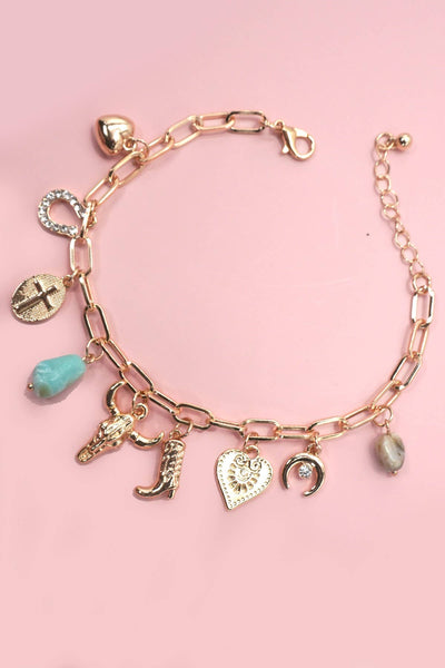CHARM BRACELET-WESTERN BOOT BULLHEAD STONE | 80B1291: Gold