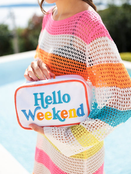 CABANA "HELLO WEEKEND" MEDIUM ZIP POUCH, WHITE