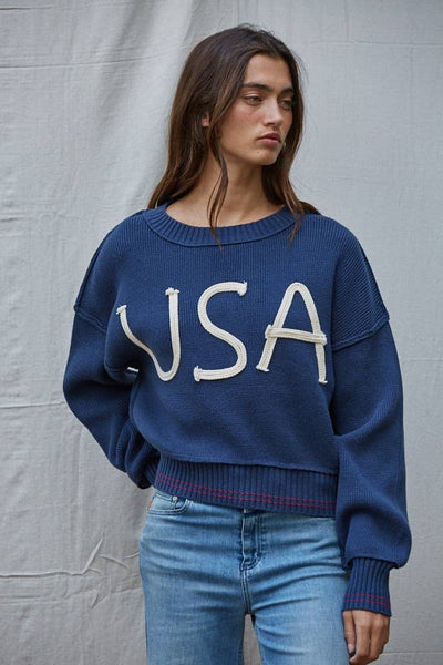 Knit Sweater Pullover Top With Embroidered "USA"