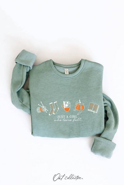 JUST A GIRL WHO LOVES FALL Graphic Sweatshirt: HEATHER DUST / L