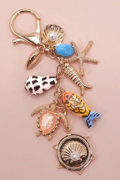 BAG CHARM-OCEAN PORCELAIN FISH SEA SHELL STARFISH | 80K063: Gold