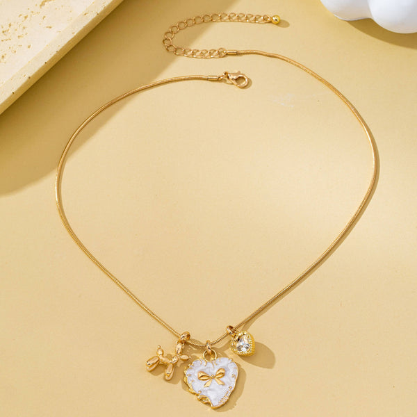 Bow Heart & Balloon Dog Crystal Charm Necklace | 80N93126: Gold