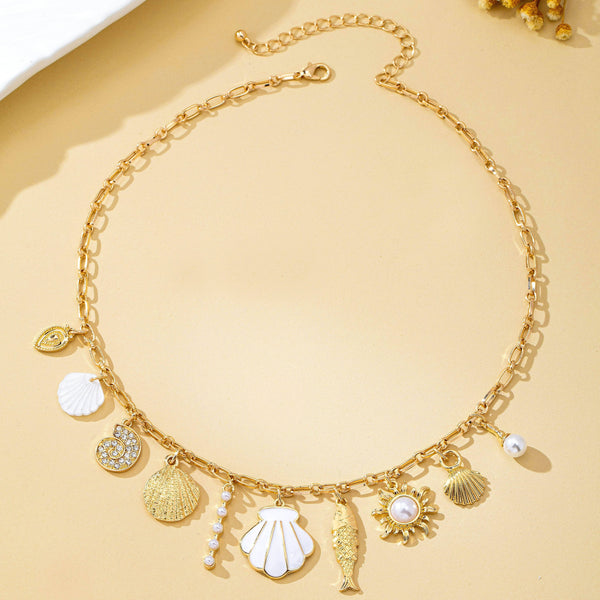 Charm Necklace-Ocean Seashell Fish Pearl | 80N92949: Gold