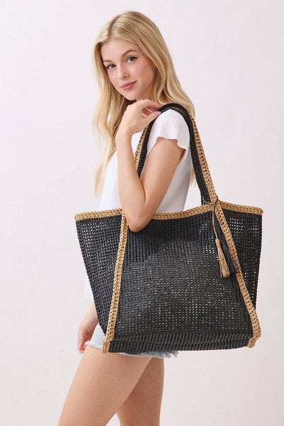 MB0338 Two Tone Woven Straw Beach Tote Bag: Tan
