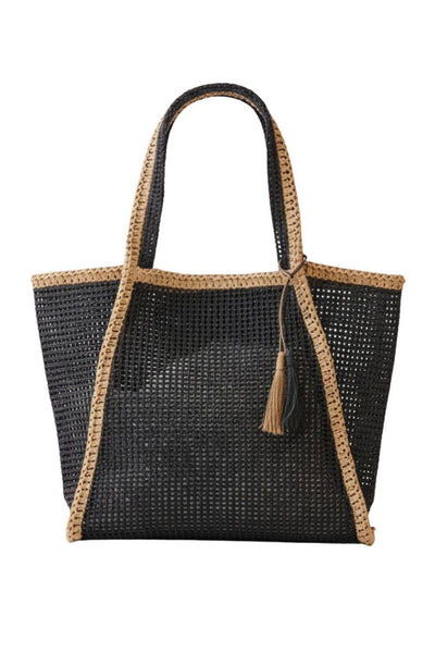 MB0338 Two Tone Woven Straw Beach Tote Bag: Tan