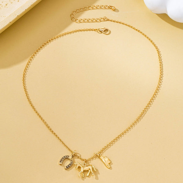Galloping Horse and Horseshoe Charm Necklace | 80N93131: Gold