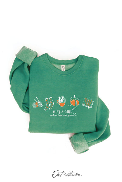 JUST A GIRL WHO LOVES FALL Graphic Sweatshirt: HEATHER DUST / L