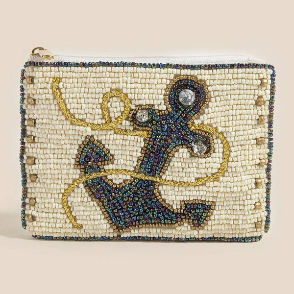Sea Anchor And Rope Seed Beaded Coin Purse: MULTI