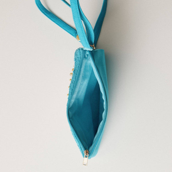 Seed Beaded Tropical Crossbody Phone Bag | Multifunctional Zipper Bag: Flamingo in Blue