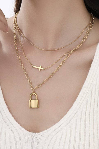 18K STAINLESS STEEL TARNISH FREE LAYERED NECKLACE | 40NK371: Gold