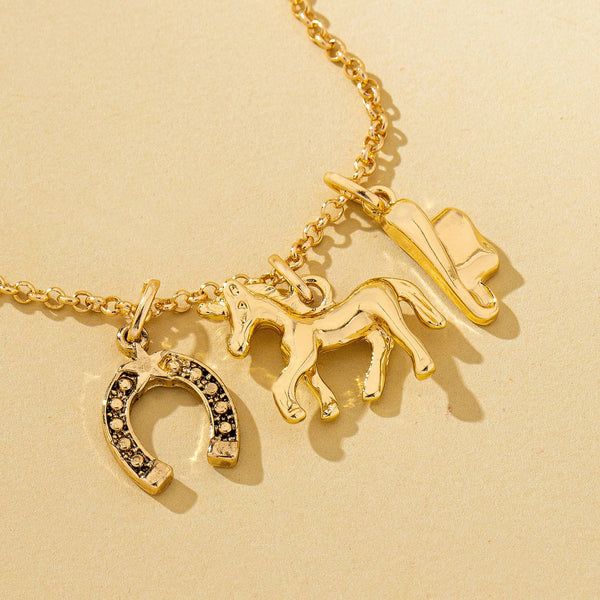 Galloping Horse and Horseshoe Charm Necklace | 80N93131: Gold