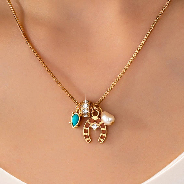 Southwest Horseshoe & Turquoise Charm Necklace | 80N93130: Gold