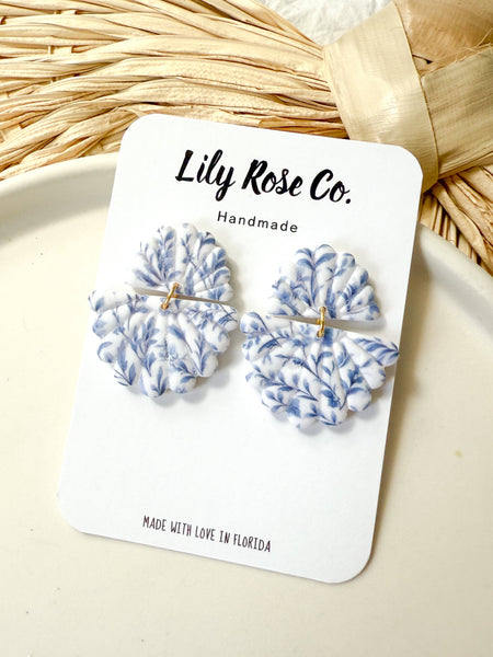 Blue and White Floral Fan Earrings / Women’s Earrings 