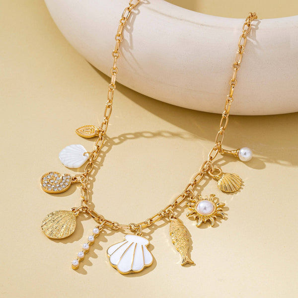 Charm Necklace-Ocean Seashell Fish Pearl | 80N92949: Gold