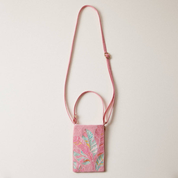 Seed Beaded Tropical Crossbody Phone Bag | Multifunctional Zipper Bag: Flamingo in Blue