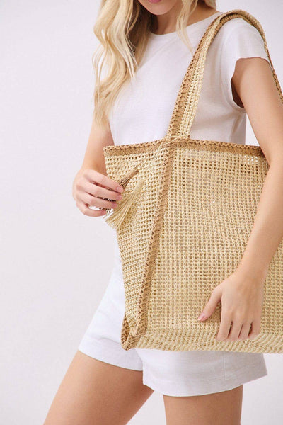 MB0338 Two Tone Woven Straw Beach Tote Bag: Tan