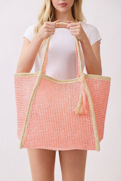 MB0338 Two Tone Woven Straw Beach Tote Bag: Tan