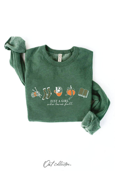 JUST A GIRL WHO LOVES FALL Graphic Sweatshirt: HEATHER DUST / L