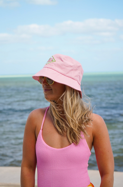 KK Meet me at the Beach Patch Hat - Pink & Green: Pink Bucket Hat