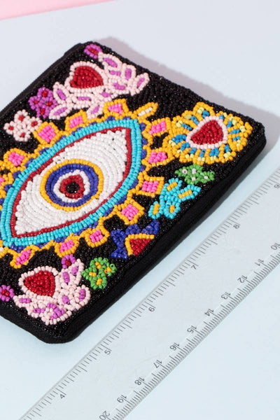 Flower Heart Evil Eye Beaded Coin Purse: MULTI