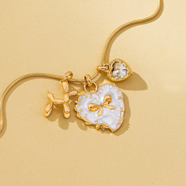 Bow Heart & Balloon Dog Crystal Charm Necklace | 80N93126: Gold