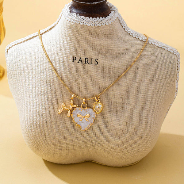 Bow Heart & Balloon Dog Crystal Charm Necklace | 80N93126: Gold