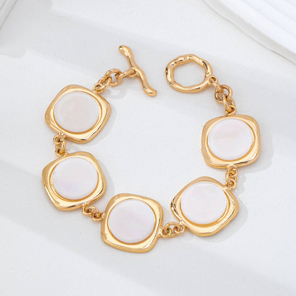 White Pearly Inlay Square Link Bracelet | 80B1752: Gold