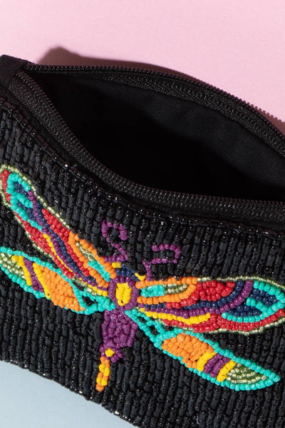 Colorful Dragon Fly Beaded Coin Purse: MULTI
