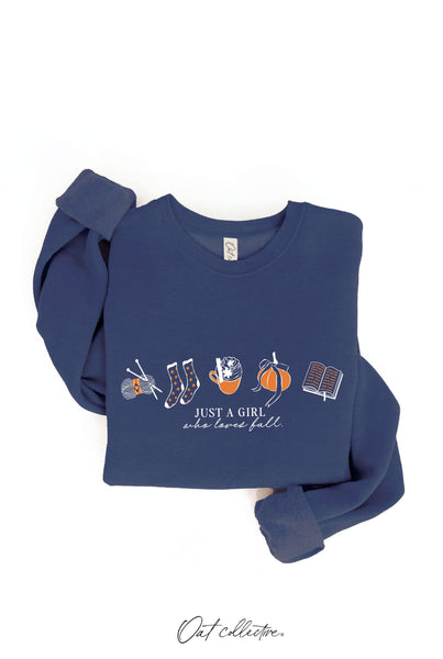 JUST A GIRL WHO LOVES FALL Graphic Sweatshirt: HEATHER DUST / S