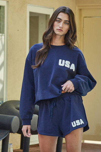 Knit Cotton Crew Pullover with USA Patch