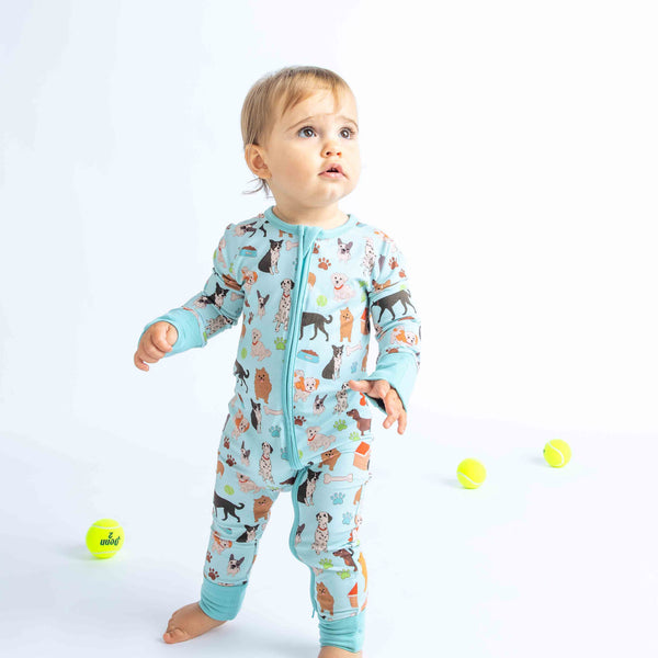 Dogs Bark Pets Bamboo Baby Pajamas Convertible Footie: Blue/Multi / 18-24M
