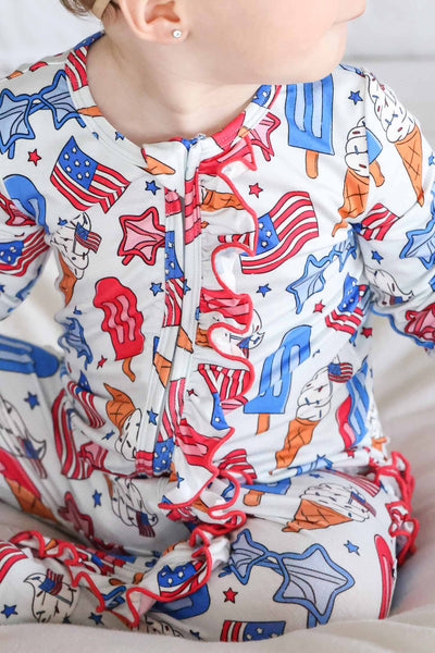 Ruffle Zipper Footie | Red, White & Cool: 6-9 months