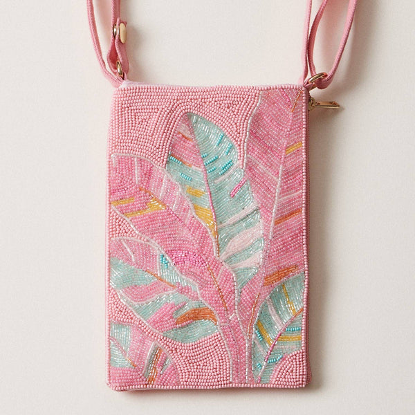 Seed Beaded Tropical Crossbody Phone Bag | Multifunctional Zipper Bag: Tropical Leaf in Pink